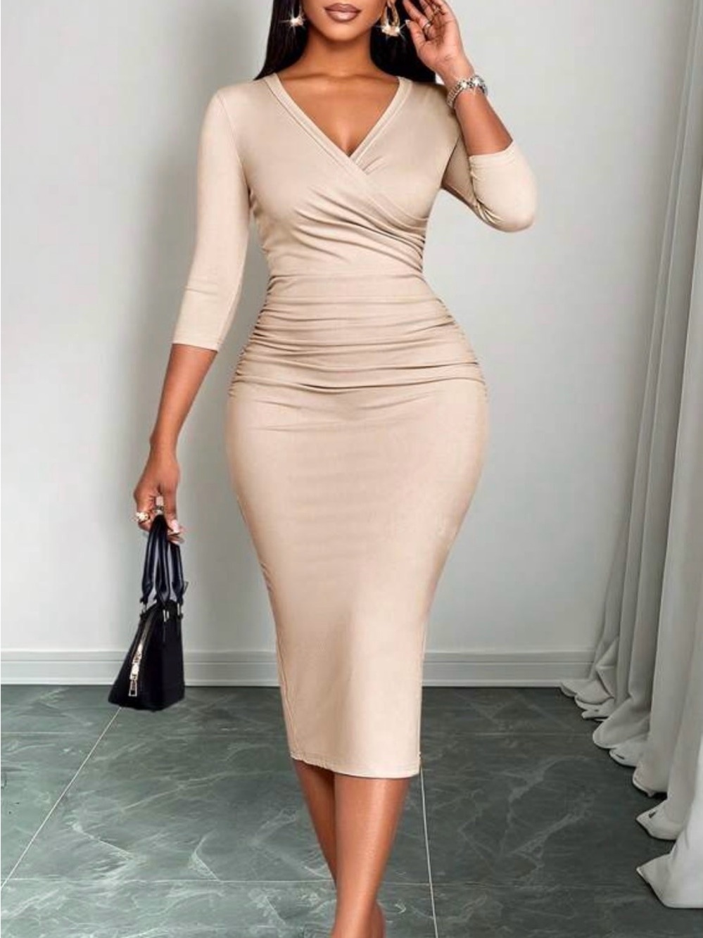 SHEIN Beige Wrap-Style Midi Dress - Picture 3 of 5